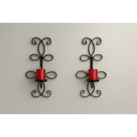 Ornate Black Iron Wall Sconce Candle Holders Set Of 2 Scroll Design 16" Tall - Picture 2 of 7
